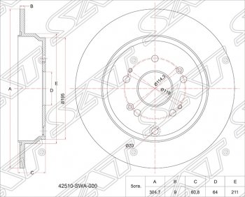 Диск тормозной SAT (задний, не вентилируемый, Ø302) Acura RDX TB3, TB4 рестайлинг (2015-2018)