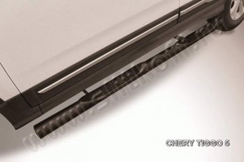 9 749 р. Защита порогов Slitkoff (труба, d76)  Chery Tiggo 5  (T21) (2014-2017) (Цвет: серебристый). Увеличить фотографию 1