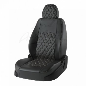8 999 р. Чехлы для сидений Lord Autofashion Турин ромб (экокожа)  Chevrolet Aveo ( T200,  T250) (2003-2011) (Чёрный, вставка чёрный, прострочка чёрная). Увеличить фотографию 1
