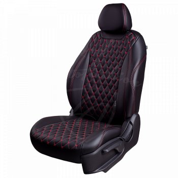 10 899 р. Чехлы для сидений Lord Autofashion Байрон (экокожа, раздельная спинка)  Chevrolet Aveo  T300 (2011-2015) (Черный, вставка черная, строчка красная). Увеличить фотографию 1
