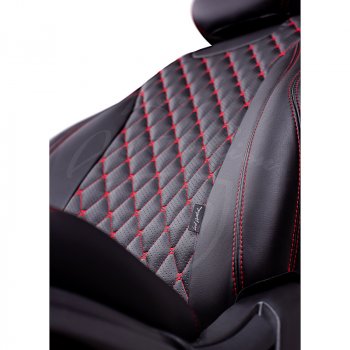 10 899 р. Чехлы для сидений Lord Autofashion Байрон (экокожа, раздельная спинка)  Chevrolet Aveo  T300 (2011-2015) (Черный, вставка черная, строчка красная). Увеличить фотографию 2