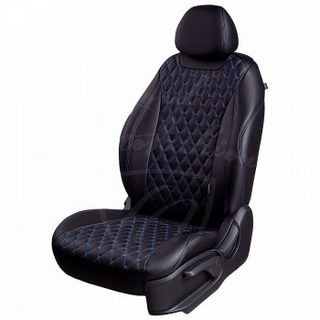 10 899 р. Чехлы для сидений Lord Autofashion Байрон (экокожа, раздельная спинка)  Chevrolet Aveo  T300 (2011-2015) (Черный, вставка черная, строчка синяя). Увеличить фотографию 1