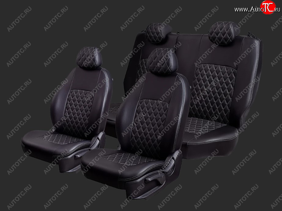 5 799 р. Чехлы для сидений Lord Autofashion Турин Ромб (экокожа, спинка 60/40, 2 Г-образных подголовника)  Chevrolet Cobalt (2011-2024), Ravon R4 (2016-2020) (Черный, вставка черная, строчка серая)