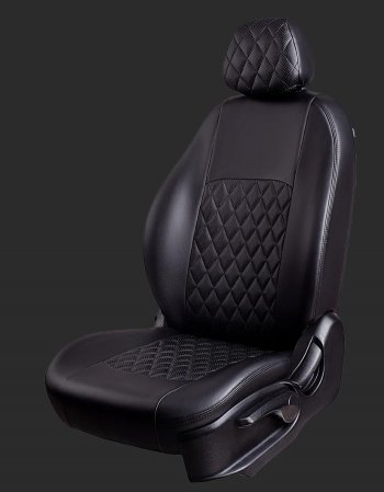 5 799 р. Чехлы для сидений Lord Autofashion Турин Ромб (экокожа, спинка 60/40, 2 Г-образных подголовника)  Chevrolet Cobalt (2011-2024), Ravon R4 (2016-2020) (Черный, вставка черная, строчка черная). Увеличить фотографию 1