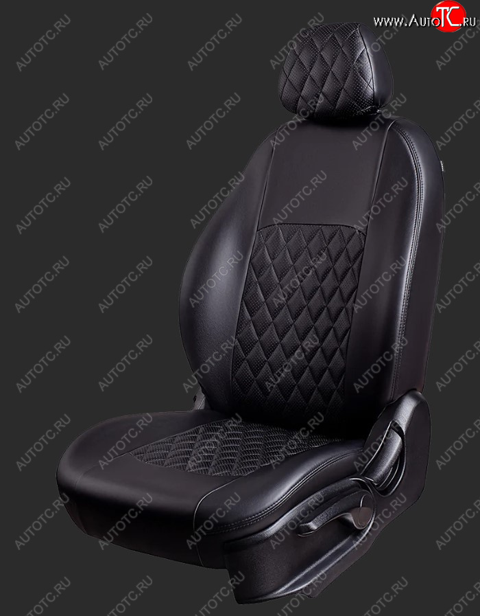5 799 р. Чехлы для сидений Lord Autofashion Турин Ромб (экокожа, спинка 60/40, 2 Г-образных подголовника)  Chevrolet Cobalt (2011-2024), Ravon R4 (2016-2020) (Черный, вставка черная, строчка черная)