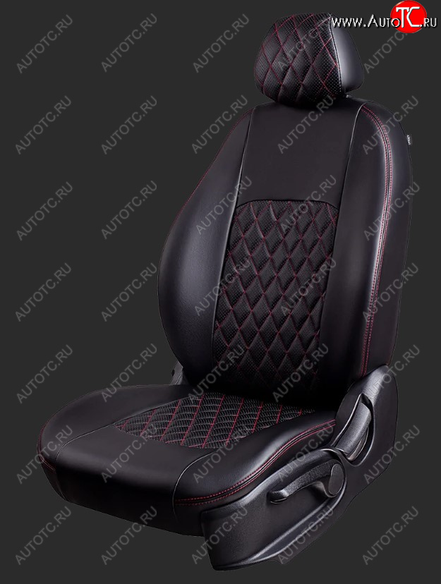 5 799 р. Чехлы для сидений Lord Autofashion Турин Ромб (экокожа, спинка 60/40, 2 Г-образных подголовника)  Chevrolet Cobalt (2011-2024), Ravon R4 (2016-2020) (Черный, вставка черная, строчка красная)