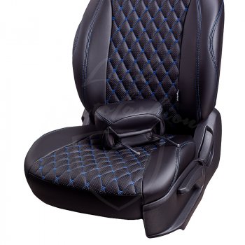 16 749 р. Чехлы для сидений Lord Autofashion Байрон (экокожа, раздельная спинка, 2П+1Г-образные подголовники)  Chevrolet Cruze ( седан,  хэтчбек,  универсал) (2009-2015) (Черный, вставка черная, строчка синяя). Увеличить фотографию 3