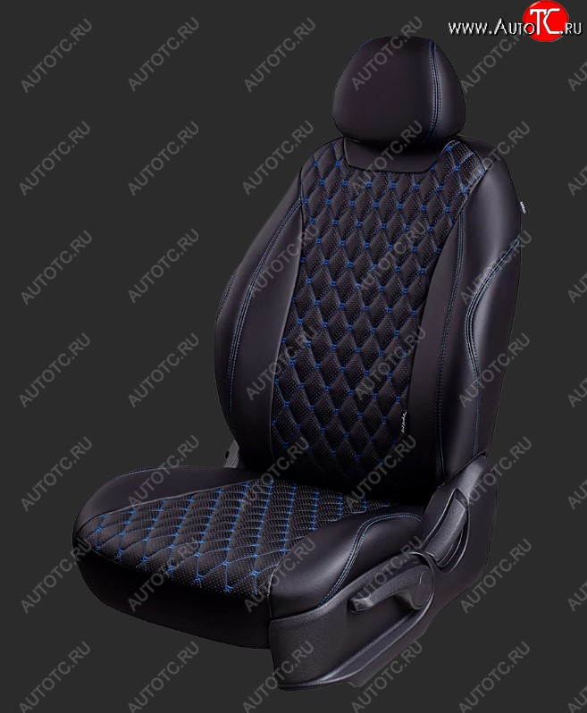 16 999 р. Чехлы для сидений Lord Autofashion Байрон (экокожа, спинка и сиденье 60/40, 2 П-образных подголовника, с 206 г.в.)  Chevrolet Niva  2123 (2009-2020), Лада 2123 (Нива Шевроле) (2009-2021) (Черный, вставка черная, строчка синяя)