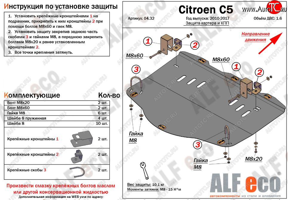 4 999 р. Защита картера двигателя и КПП (V-1,6MT) Alfeco CITROEN C5 RW доресталийнг, универсал (2008-2017) (Сталь 2 мм)