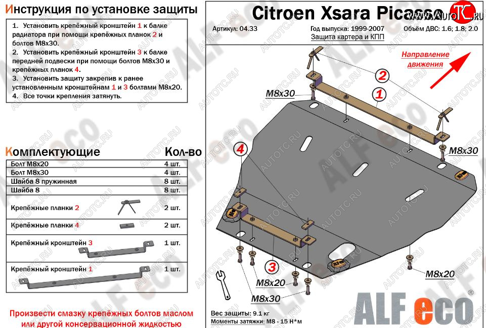 10 199 р. Защита картера двигателя и КПП (V-1.6; 1.8; 2.0) Alfeco  CITROEN Xsara picasso (1999-2012) (Алюминий 3 мм)