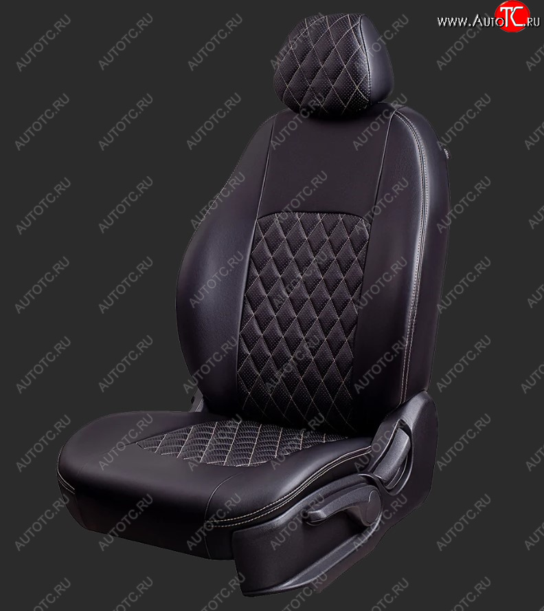 8 999 р. Чехлы для сидений Lord Autofashion Турин Ромб (экокожа, сплошная спинка)  Daewoo Nexia  дорестайлинг (1995-2008) (Черный, вставка черная, строчка бежевая)