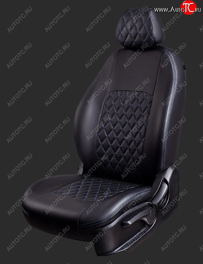 8 999 р. Чехлы для сидений Lord Autofashion Турин Ромб (экокожа, сплошная спинка)  Daewoo Nexia  дорестайлинг (1995-2008) (Черный, вставка черная, строчка синяя)
