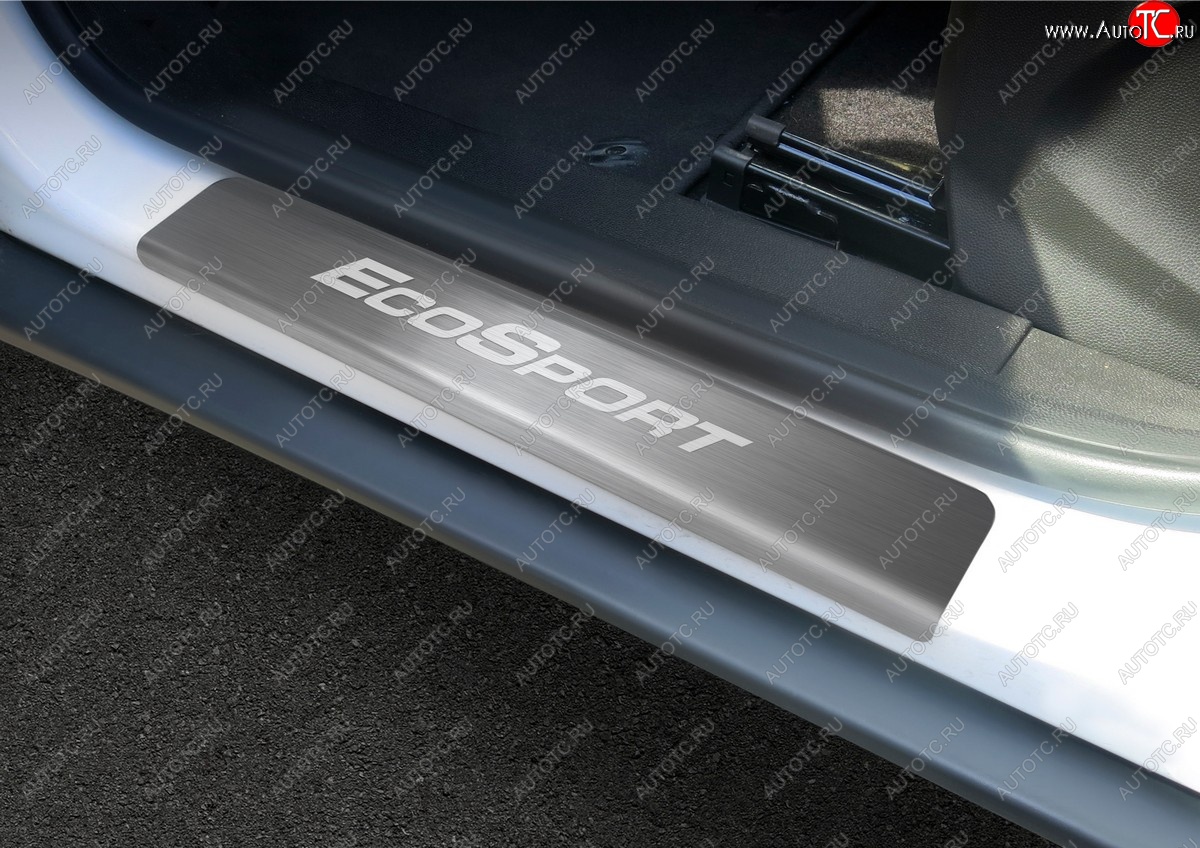 2 189 р. Пороги накладки Russtal  Ford EcoSport (2013-2024) (Нержавейка с покрытием карбон и надписью)