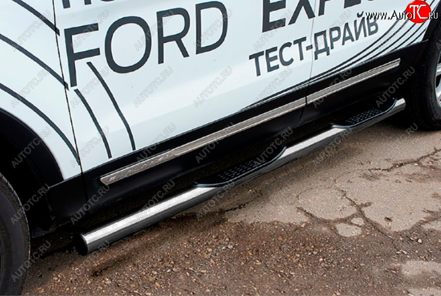 13 349 р. Защита порогов Slitkoff (Ø 76 мм, с проступями)  Ford Explorer  U502 (2015-2018) (Цвет: серебристый)