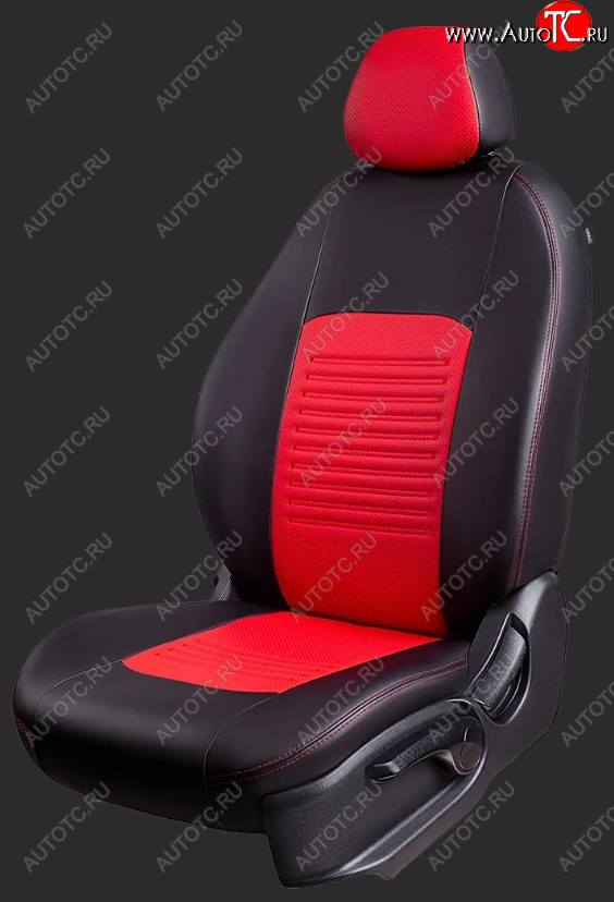 6 199 р. Чехлы для сидений Lord Autofashion Турин (экокожа, спинка и сиденье 60/40 без подлокотника, 2 Г-образных подголовника)  Ford Focus  2 (2004-2011) (Черный, вставка красная)