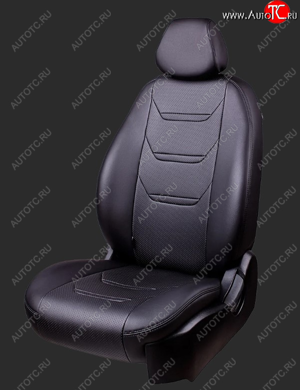 7 799 р. Чехлы для сидений Lord Autofashion Турин 2 (экокожа, спинка и сиденье 60/40 без подлокотника, 2 Г-образных подголовника)  Ford Focus  2 (2004-2011) (Черный, вставка черная и черная, строчка черная)