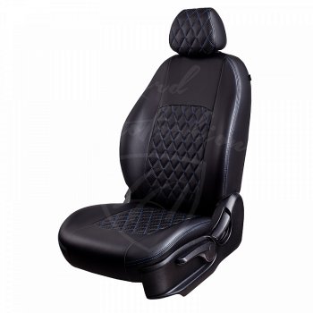 8 999 р. Чехлы для сидений Lord Autofashion Турин Ромб (экокожа)  Ford Focus  2 (2004-2011) (Черный, вставка черная, строчка синяя). Увеличить фотографию 1