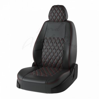Чехлы для сидений (Ghia/Titanium) Lord Autofashion Турин Ромб (экокожа) Ford Focus 2 седан рестайлинг (2007-2011)  (Чёрный, вставка чёрная, строчка красная)