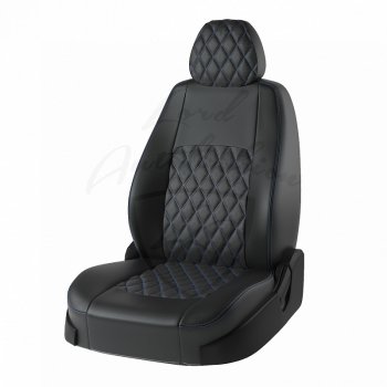 Чехлы для сидений (Ghia/Titanium) Lord Autofashion Турин Ромб (экокожа) Ford Focus 2 седан рестайлинг (2007-2011)  (Чёрный, вставка чёрная, строчка синяя)