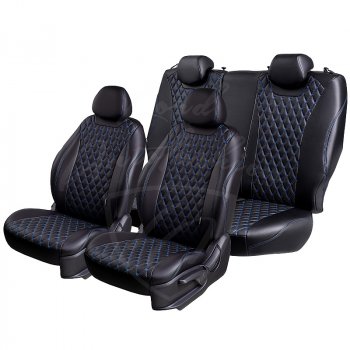 16 749 р. Чехлы для сидений (GhiaTitanium) Lord Autofashion Байрон (экокожа, раздельные задние спинка и сиденье, подлокотник, 3 Г-образных подголовника)  Ford Focus  2 (2004-2011) (Черный, вставка черная, строчка синяя). Увеличить фотографию 7