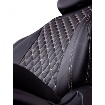 16 749 р. Чехлы для сидений Lord Autofashion Байрон (экокожа, Trend, раздельная спинка и сиденья, без подлокотника, 3 Г-образных подголовника)  Ford Focus  3 (2010-2019) (Черный, вставка черная, строчка бежевая). Увеличить фотографию 2