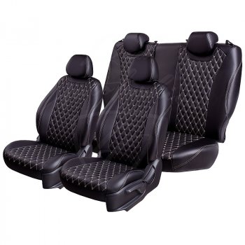 16 749 р. Чехлы для сидений Lord Autofashion Байрон (экокожа, Trend, раздельная спинка и сиденья, без подлокотника, 3 Г-образных подголовника)  Ford Focus  3 (2010-2019) (Черный, вставка черная, строчка бежевая). Увеличить фотографию 3