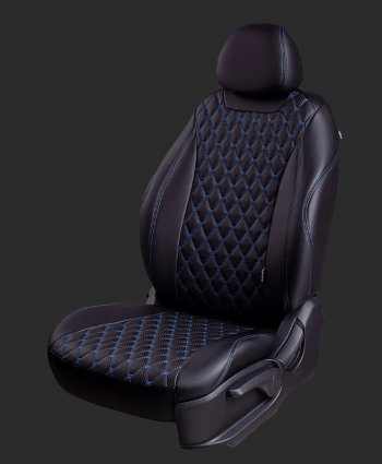 16 749 р. Чехлы для сидений Lord Autofashion Байрон (экокожа, Trend, спинка и сиденье 60/40 без подлокотника, 3 Г-образных подголовника)  Ford Focus  3 (2010-2019) (Черный, вставка черная, строчка синяя). Увеличить фотографию 1