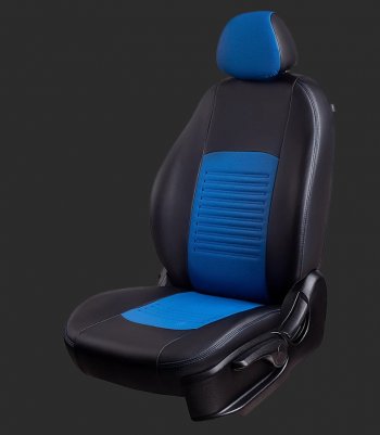Чехлы для сидений Lord Autofashion Турин (экокожа, Ghia/Titanium, спинка и сиденье 60/40+ подлокотник, 3 Г-образных подголовника) Ford Focus 3 универсал рестайлинг (2014-2019)  (Черный, вставка синяя)