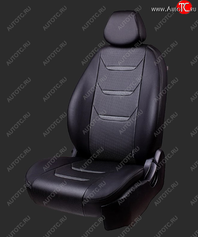 8 699 р. Чехлы для сидений Lord Autofashion Турин 2 (экокожа, Trend, спинка и сиденье 60/40 без подлокотника, 3 Г-образных подголовника)  Ford Focus  3 (2010-2019) (Черный, вставка черный и серый, строчка серая)