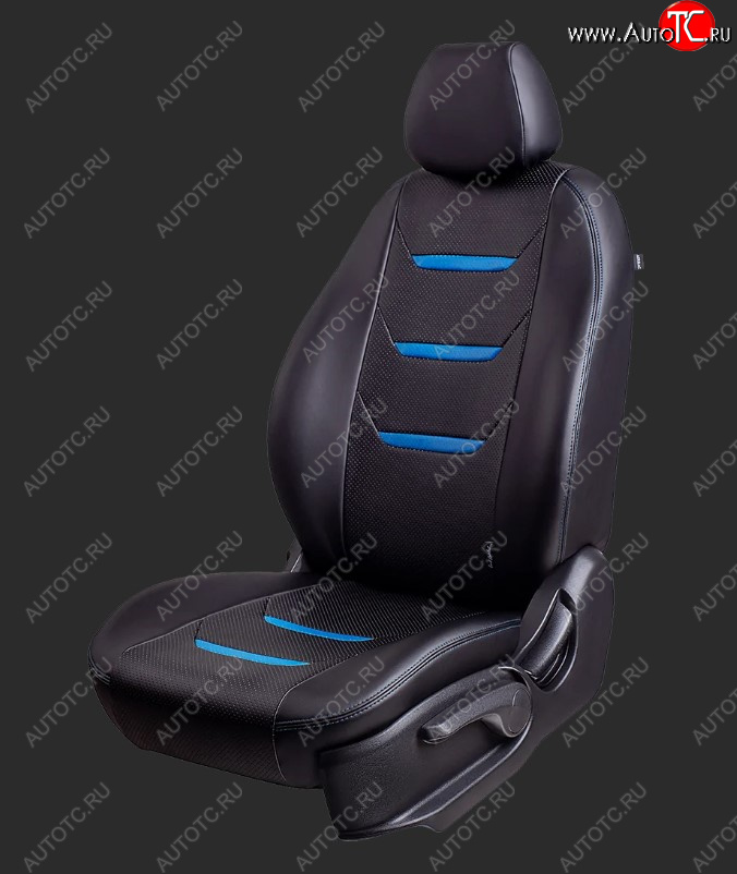 8 699 р. Чехлы для сидений Lord Autofashion Турин 2 (экокожа, Trend, спинка и сиденье 60/40 без подлокотника, 3 Г-образных подголовника)  Ford Focus  3 (2010-2019) (Черный, вставка черный и синий, строчка синяя)