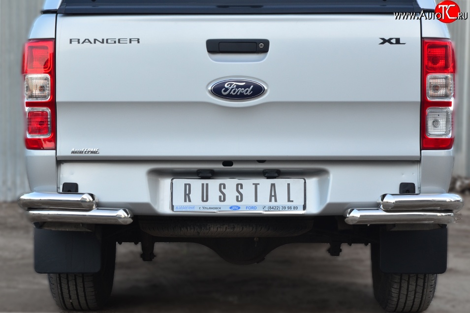 26 699 р. Защита заднего бампера (2 трубы Ø63 мм уголки, нержавейка) Russtal  Ford Ranger ( DoubleCab,  RapCab) (2011-2016)