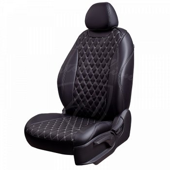 Чехлы для сидений Lord Autofashion Байрон (экокожа, раздельная спинка, 2 П-образных подголовника) Hyundai Accent седан ТагАЗ (2001-2012)  (Черный, вставка черная, строчка серая)