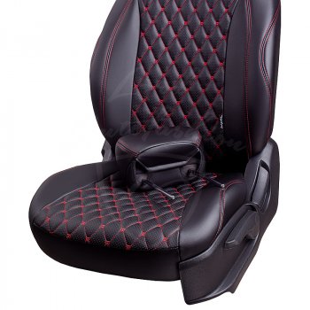 16 749 р. Чехлы для сидений Lord Autofashion Байрон (экокожа, раздельная спинка, 3 П-образных подголовника)  Hyundai IX35  1 LM (2009-2018), KIA Sportage  3 SL (2010-2016) (Черный, вставка черная, строчка красная). Увеличить фотографию 5