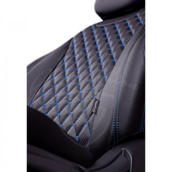 16 749 р. Чехлы для сидений Lord Autofashion Байрон (экокожа, раздельная спинка, 3 П-образных подголовника)  Hyundai IX35  1 LM (2009-2018), KIA Sportage  3 SL (2010-2016) (Черный, вставка черная, строчка синяя). Увеличить фотографию 2