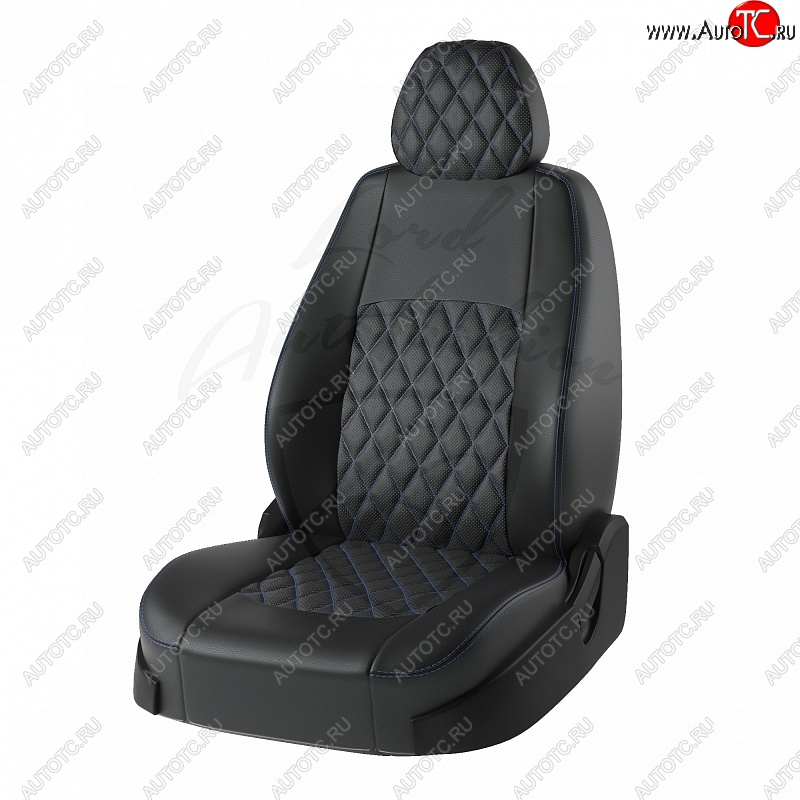 8 999 р. Чехлы для сидений Lord Autofashion Турин Ромб (экокожа)  Hyundai Solaris  2 (2017-2020) (Чёрный, вставка чёрная, строчка синяя)