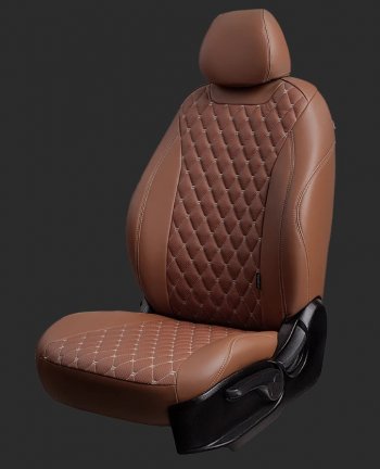 16 999 р. Чехлы для сидений Lord Autofashion Байрон (экокожа, спинка 60/40, 3 г-образных подголовника)  Hyundai Solaris  2 (2017-2022) (Коричневый, вставка коричневая, строчка бежевая). Увеличить фотографию 1
