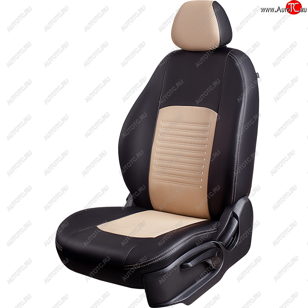 8 749 р. Чехлы для сидений Lord Autofashion Турин (экокожа, сплошная спинка 2 П-образных подголовника)  Hyundai Solaris  2 (2017-2020) (Черный, вставка бежевая)