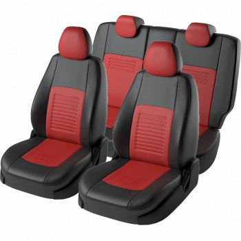 6 199 р. Чехлы для сидений Lord Autofashion Турин (экокожа, сплошная спинка, 2 П-образных подголовника)  Hyundai Solaris  2 (2017-2020) (Черный, вставка красная). Увеличить фотографию 2