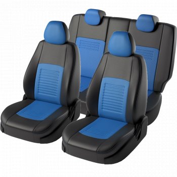 5 499 р. Чехлы для сидений Lord Autofashion Турин ((экокожа, сплошная спинка 2 П-образных подголовника)  Hyundai Solaris  2 (2017-2020) (Черный, вставка синяя). Увеличить фотографию 2
