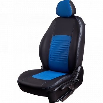 5 499 р. Чехлы для сидений Lord Autofashion Турин ((экокожа, сплошная спинка 2 П-образных подголовника)  Hyundai Solaris  2 (2017-2020) (Черный, вставка синяя). Увеличить фотографию 1