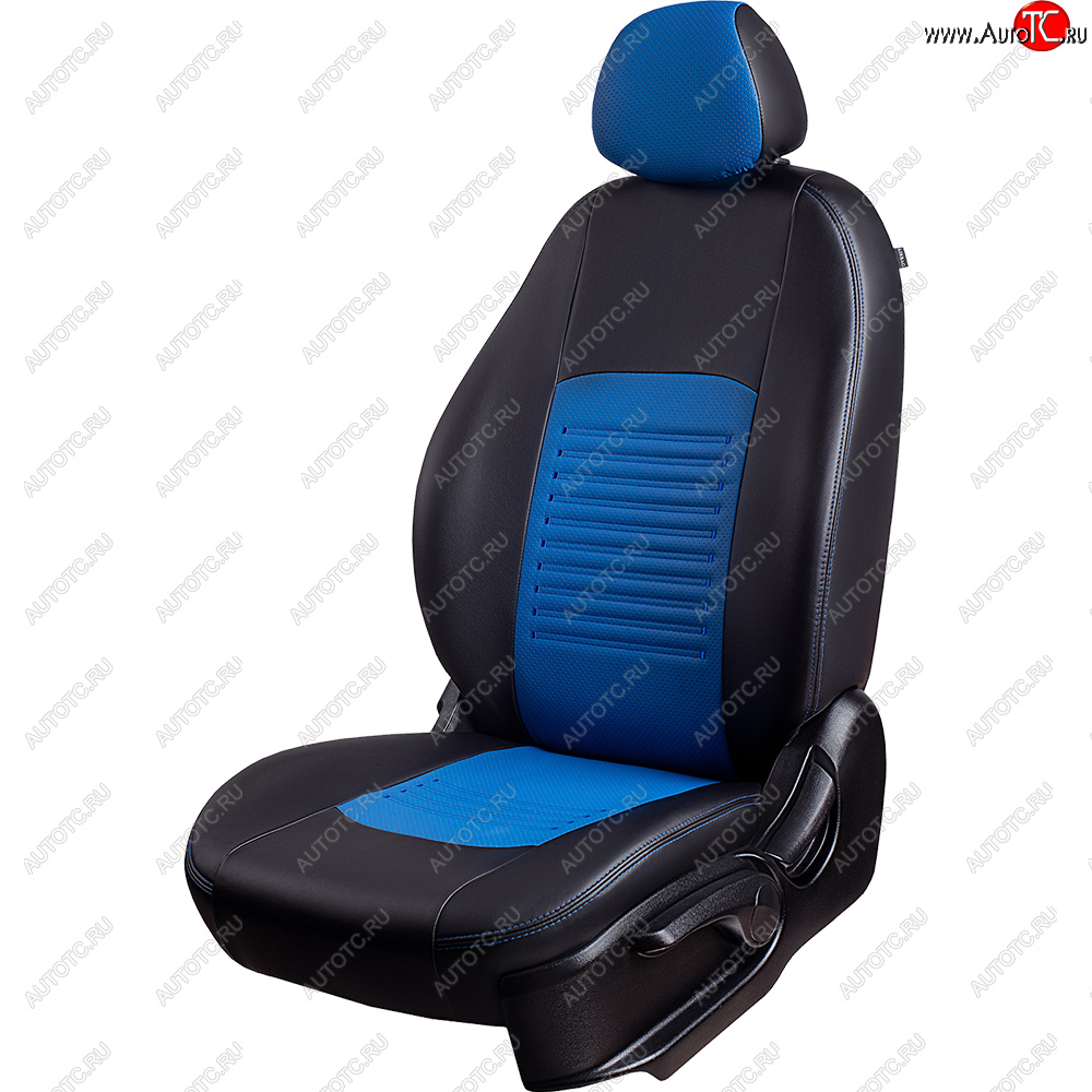 5 499 р. Чехлы для сидений Lord Autofashion Турин ((экокожа, сплошная спинка 2 П-образных подголовника)  Hyundai Solaris  2 (2017-2020) (Черный, вставка синяя)
