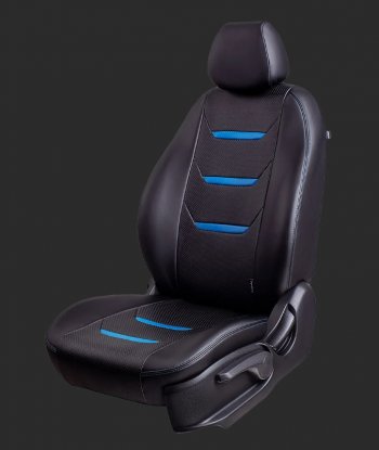 8 699 р. Чехлы для сидений Lord Autofashion Турин 2 (экокожа, спинка 60/40, 3 Г-образных подголовника)  Hyundai Solaris  2 (2017-2022) (Черный, вставка черная и синяя, строчка синяя). Увеличить фотографию 1