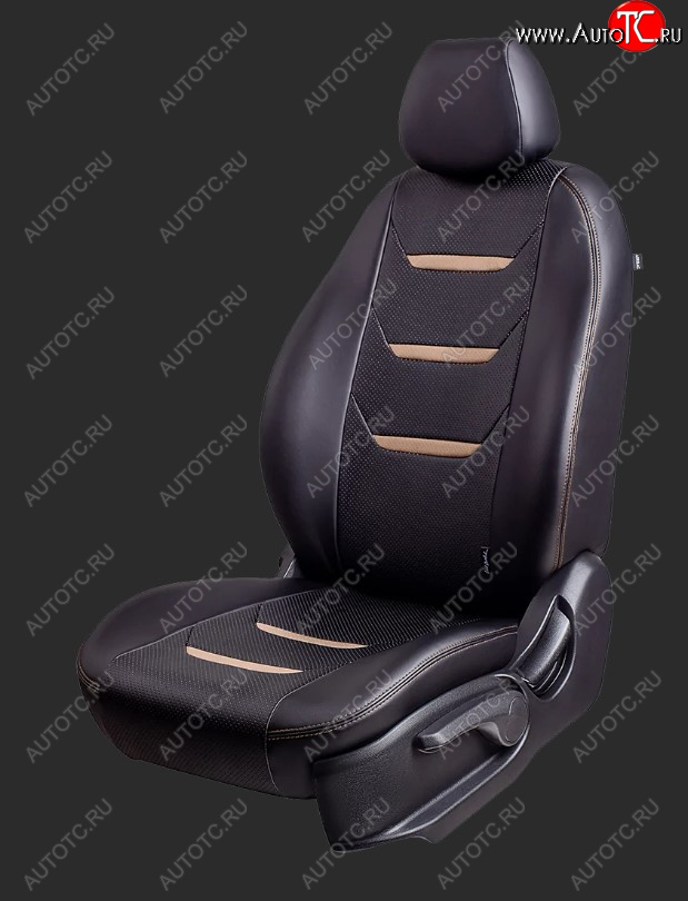 8 699 р. Чехлы для сидений Lord Autofashion Турин 2 (экокожа, спинка 60/40, 3 Г-образных подголовника)  Hyundai Solaris  2 (2017-2022) (Черный, вставка черная и бежевая, строчка бежевая)