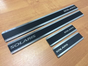 2 489 р. Накладки порожков салона INOX  Hyundai Solaris  2 (2017-2022) (Нержавеющая сталь + карбон). Увеличить фотографию 2