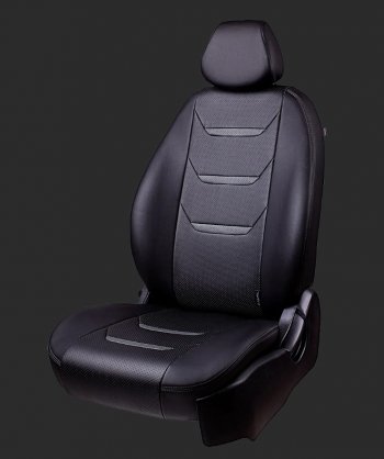 16 499 р. Чехлы для сидений Lord Autofashion Турин 2 (экокожа, спинка 60/40, 2 Г-образных подголовника)  Hyundai Solaris ( 1 хэтчбек,  1 хэтчбэк) (2010-2017) (Черный, вставка черная и серая, строчка серая). Увеличить фотографию 1