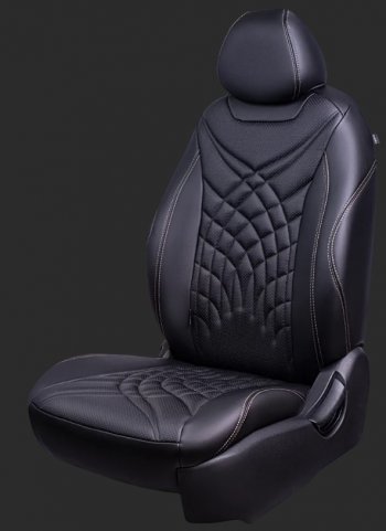 Комплект чехлов для сидений Hyundai Solaris RB рестайлинг седан (2014-2017) Lord Autofashion Байрон ЖУК (экокожа, спинка 60/40, 2 Г-образных подголовника). (Черный, вставка черная, строчка бежевая)Цена: 16 199 р.. Увеличить фотографию 1