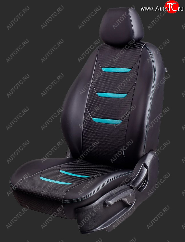 7 399 р. Чехлы для сидений Lord Autofashion Турин 2 (экокожа, спинка 60/40, 2 Г-образных подголовника)  Hyundai Solaris  1 седан (2010-2017) (Черный, вставка черная и бирюзовая, строчка бирюзовая)