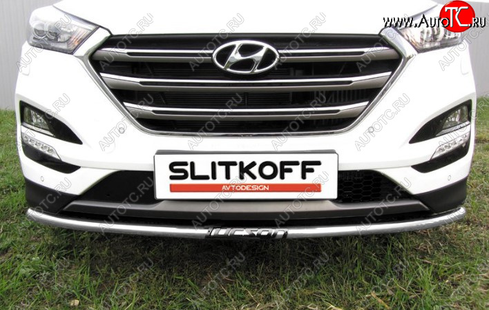 6 849 р. Защита переднего бампера Slitkoff (Ø 42 мм, с надписью).  Hyundai Tucson  3 TL (2015-2018) (Сталь с полимерным покрытием. Цвет: серебристый)