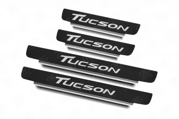 2 599 р. Накладки порожков салона Russtal  Hyundai Tucson  3 TL (2015-2021) (Нержавейка с покрытием карбон, с надписью). Увеличить фотографию 1