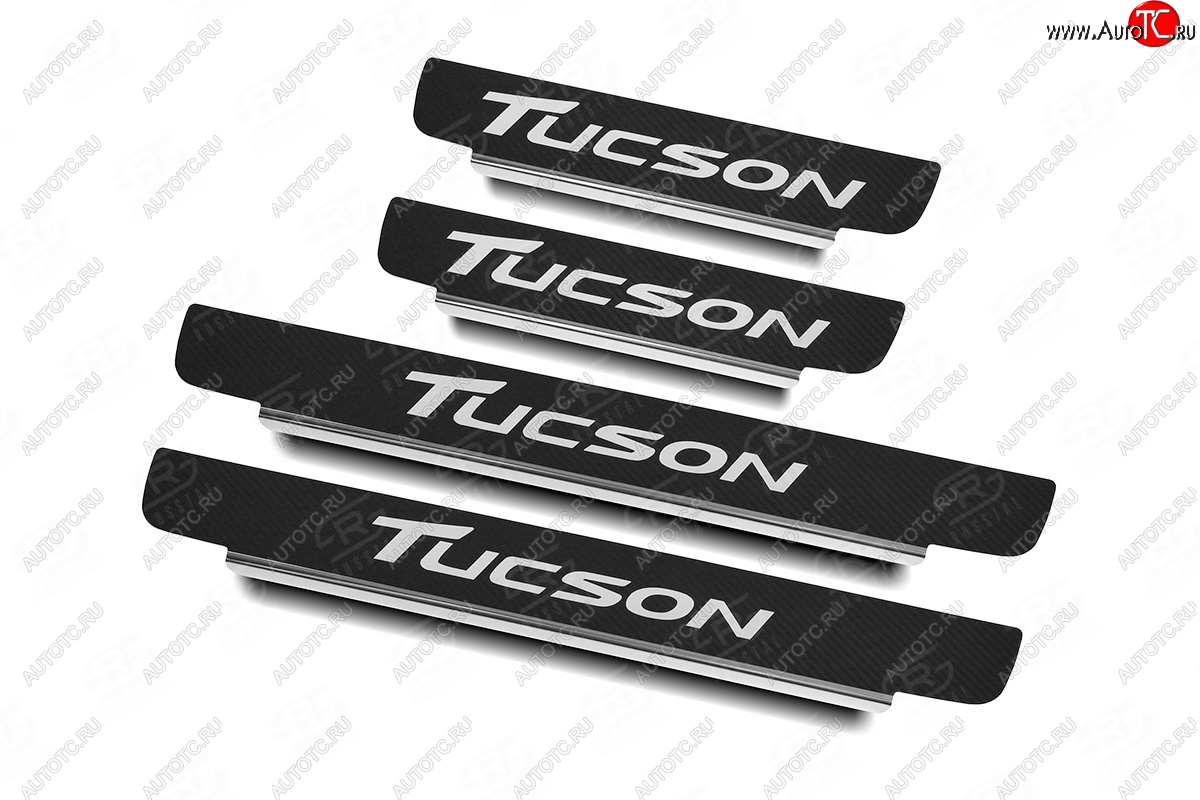 2 599 р. Накладки порожков салона Russtal  Hyundai Tucson  3 TL (2015-2021) (Нержавейка с покрытием карбон, с надписью)